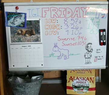 Dry erase board with tide times and amounts.