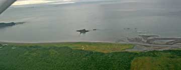 Aerial view of the water where the salmon come in from.