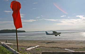 Windsock with airplane taking off behind it.