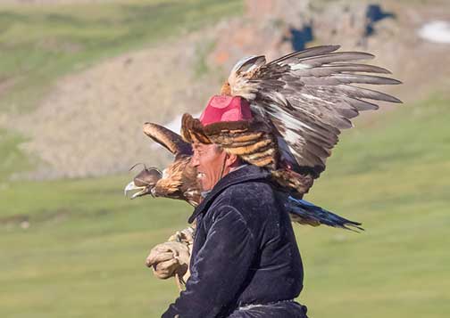 Master eagle falconer galloping with his eagle on his arm