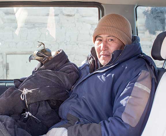 Man with eagle in car