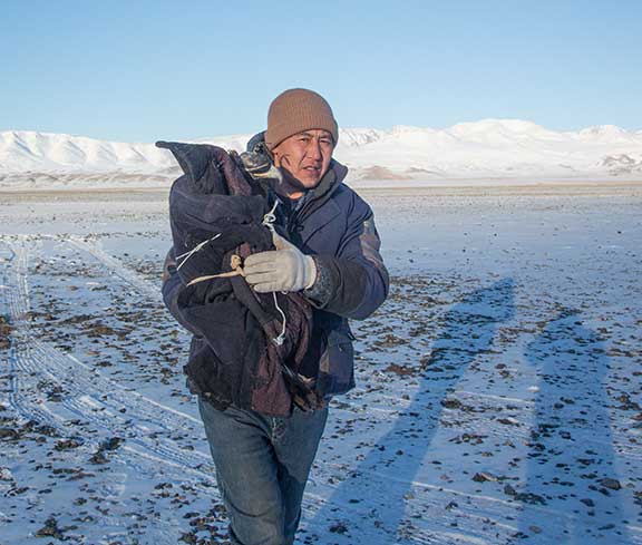 Man walking with eagle wrapped in blanket