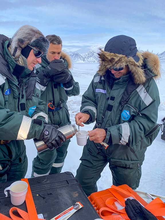 Taking a break with a hot drink.