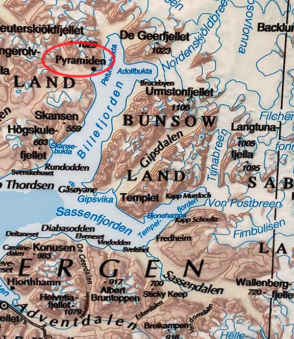 Pyramiden circled on a map