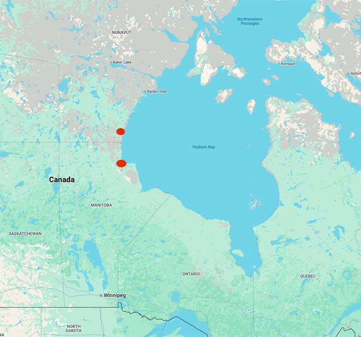 Map of Hudson Bay showing Churchill and Camp Ginelli