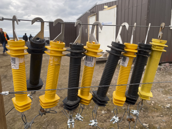Electrodes hanging on fence.