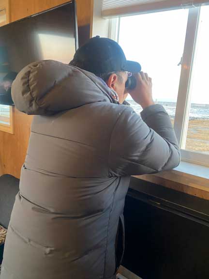Guide looking out the window using binoculars