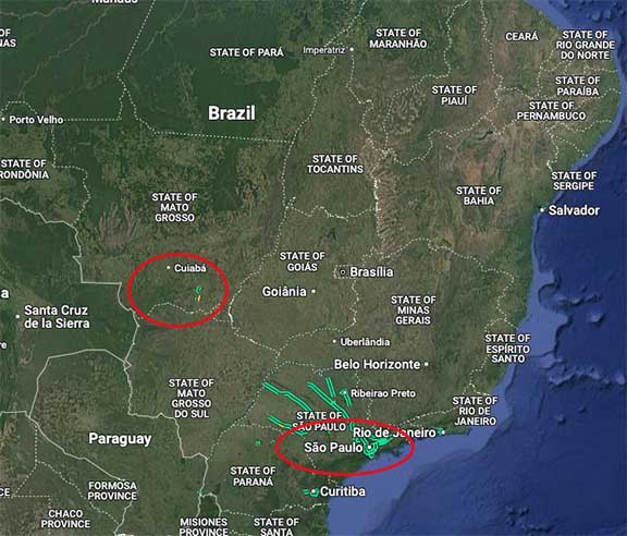 Map of Brazil with cities circled.