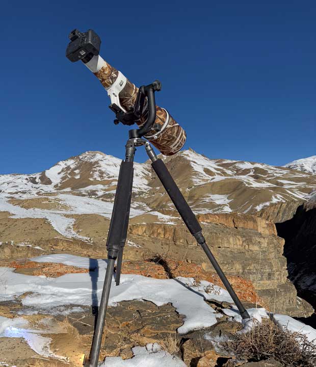 Tripod and lens setup for snow leopards