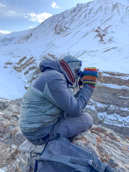 Spotters scanning for snow leopards in the early morning light